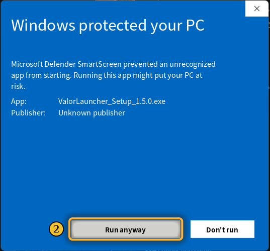 The “Windows protected your PC” window with the “Run anyway” button